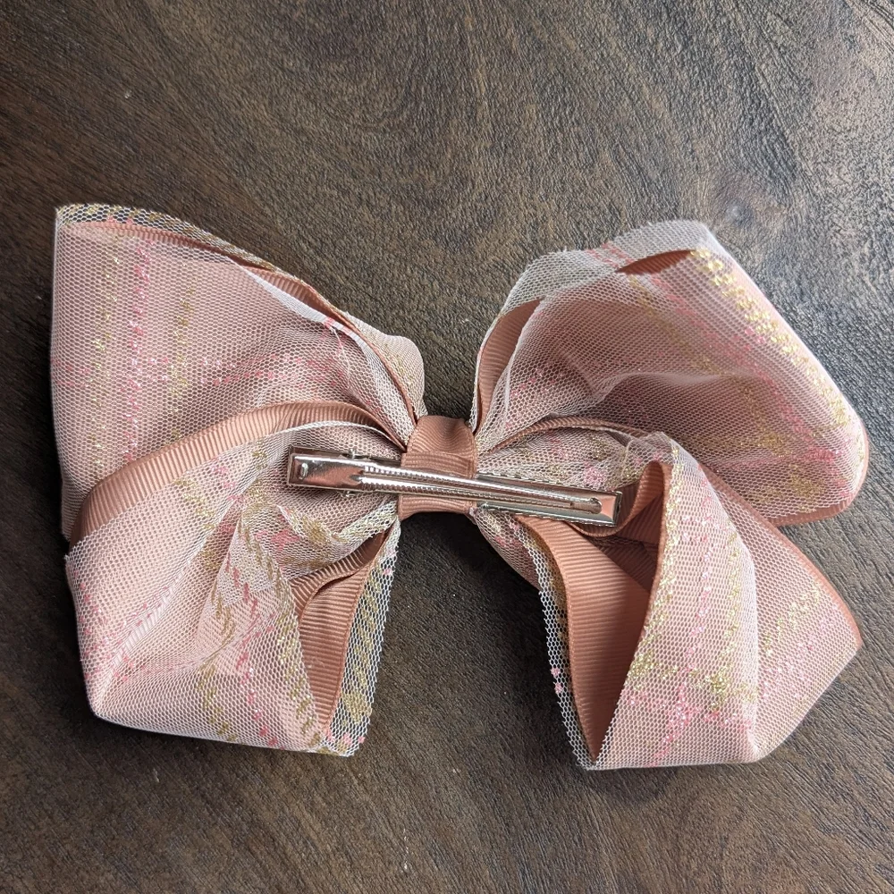 Pink, Taupe, Beige Hair Bow Clips Pink Gold Plaid Glitter